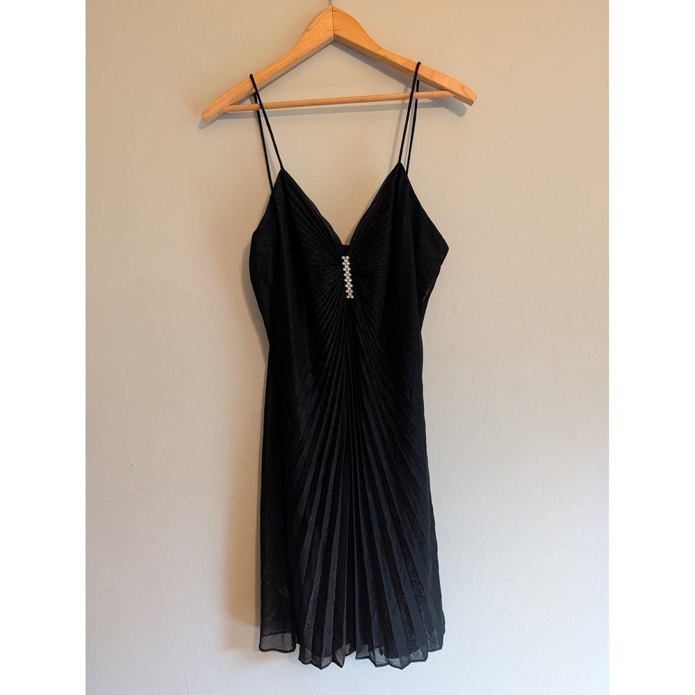 Vintage Y2K 90s Black Metallic Sunburst Pleated Rhinestone Cocktail Dress 14 LBD